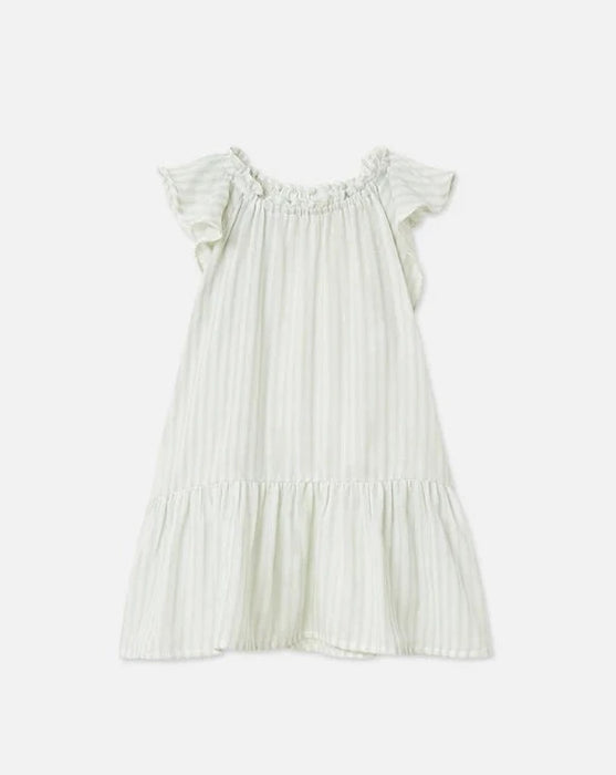 Frill Neck Flutter Dress - Sage Stripe