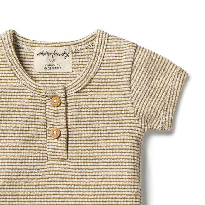 Organic Stripe Rib Henley Bodysuit - Leaf
