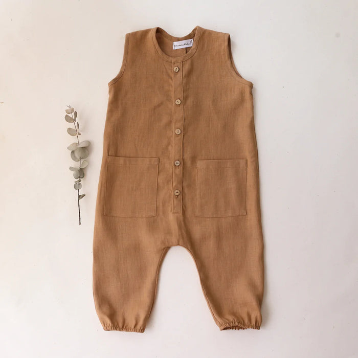 Buttoned Tank Jumpsuit with Pockets - Beige